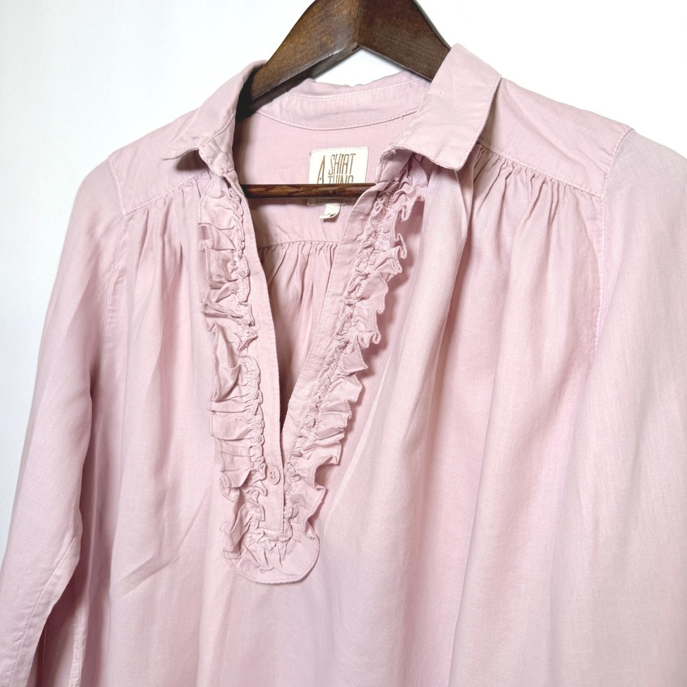 A Shirt Thing Pink Ruffle Bib Blouse Made in Italy Cotton Long Sleeve Top P